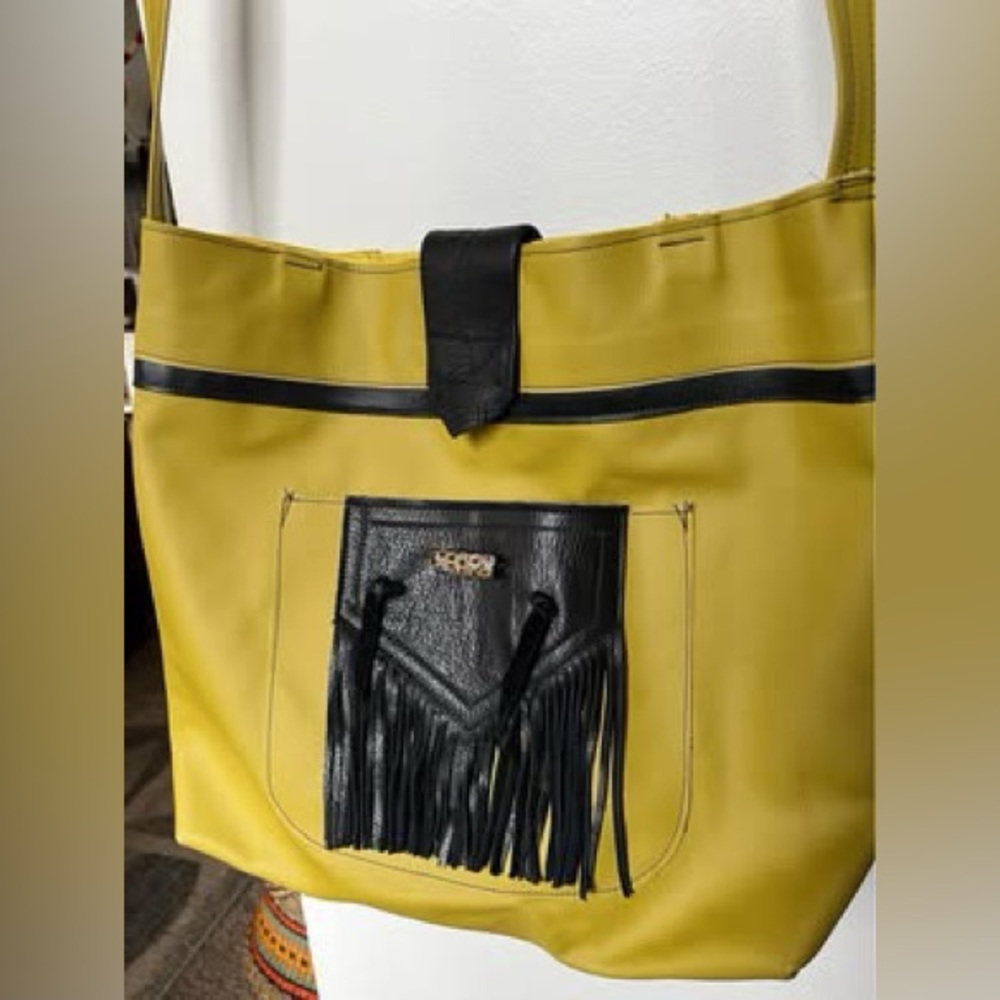 Handmade Yellow and Black Leather Tote Bag with Fringe Detail